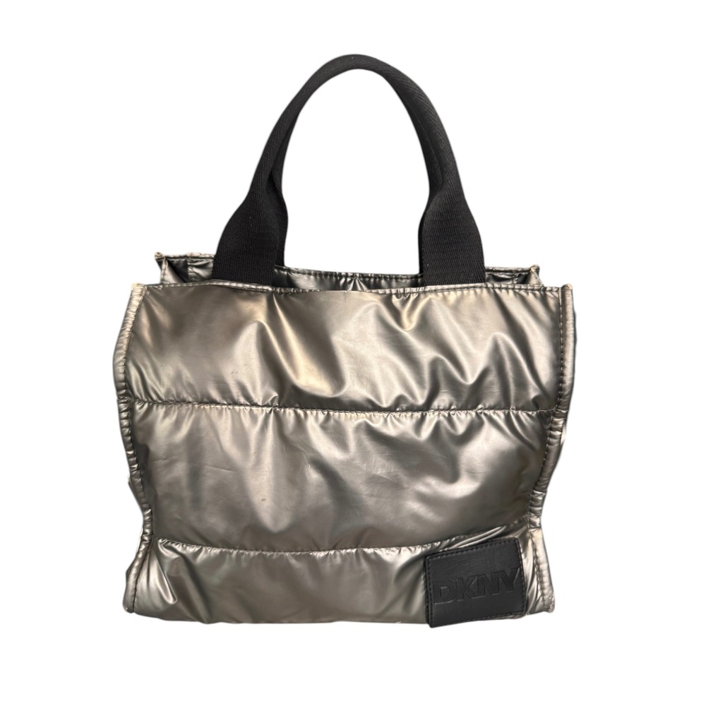DKNY Metallic Silver Puffer Tote Bag Quilted Crossbody Handbag